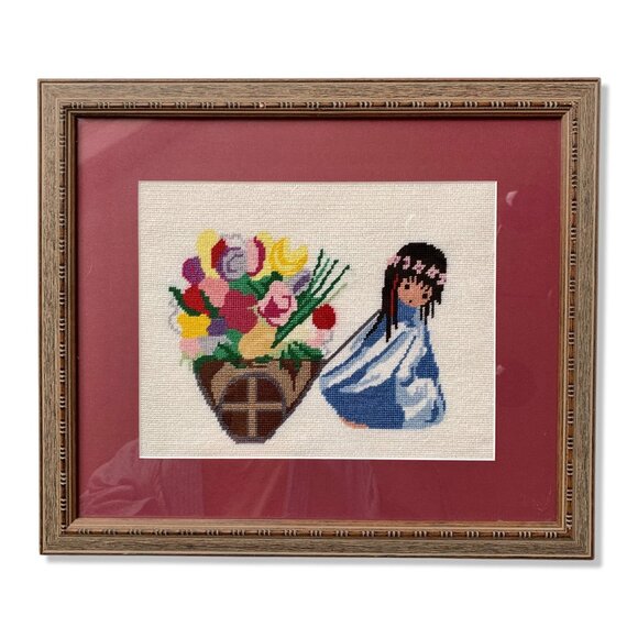 1970’s Framed De Grazia Needlepoint Native Girl with Basket of Flowers 18 x 15.2 - Picture 1 of 11